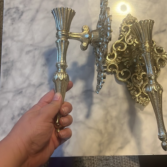 Vintage Gold Tone Ornate metal Hollywood Regency wall Hanging pair candlestick - Picture 2 of 10